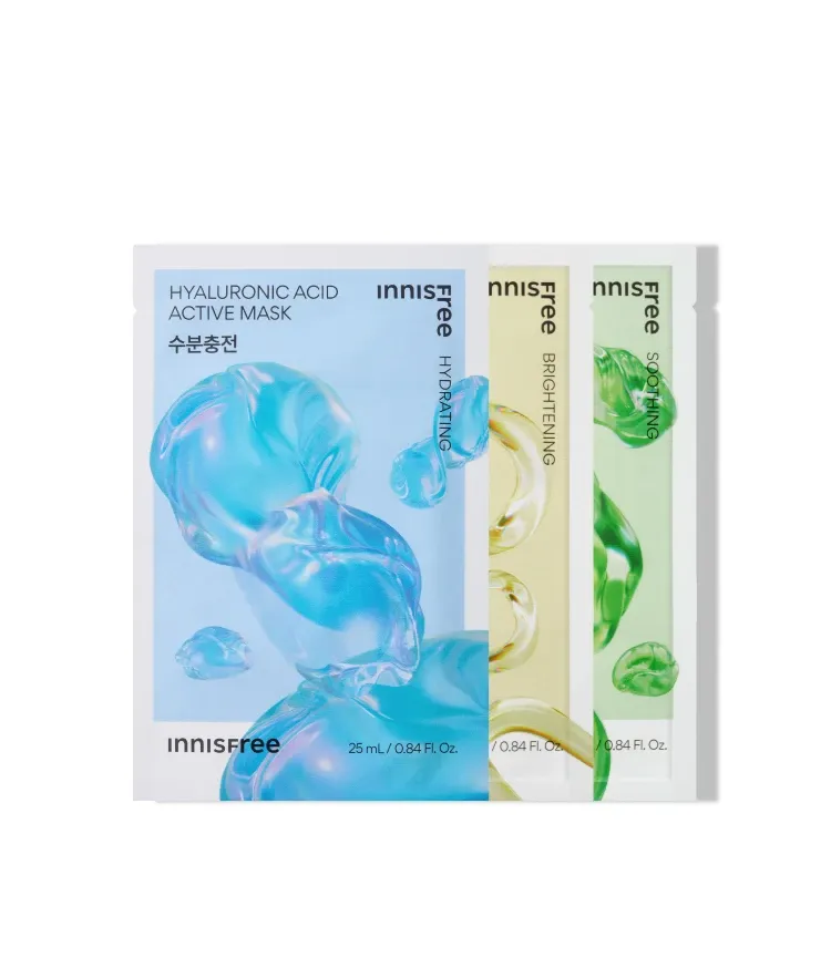 부담없이 집에서 할 수 있는 피부 고민별 맞춤 케어 마스크 팩. 5가지 효능 성분이 담긴 가벼운 워터 타입, 촉촉한 에센스 타입, 영양이 풍부한 크림 타입으로 건조함, 탄력 저하, 칙칙함 등 피부 고민별로 맞춤 케어! 이니스프리 액티브 마스크