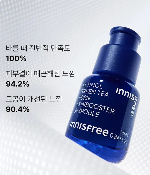 이니스프리 레티놀 PDRN 스킨부스터 앰플은 강력한 그린티 PDRN™과 레티놀의 시너지로 모공결과 속광을 동시에 관리하는 고효능 앰플입니다. 3.4배 더 강력한 흡수력으로 피부 속부터 탄력을 촘촘하게 채워주며, 민감 피부 자극 반응도 0.00의 저자극 포뮬러의 주름 개선 및 미백 2중 기능성 화장품으로, 거칠어진 피부결을 정돈하고 탄력 광채를 선사합니다.