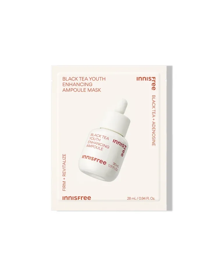 이니스프리 블랙티 유스 인핸싱 앰플 마스크는 Reset Concentrate™ 약 2.6배 도톰해진 해조추출물 수분겔 시트에 주름·미백 2중 기능성 앰플 에센스를 한 장에 담았습니다. 시트가 밀착되어 에센스가 스며들며, 3시간이 지나도 촉촉한 보습감을 유지합니다. 비건 인증 포뮬러 기반으로 데일리 집중 시트 케어에 부담 없이 활용할 수 있습니다.
