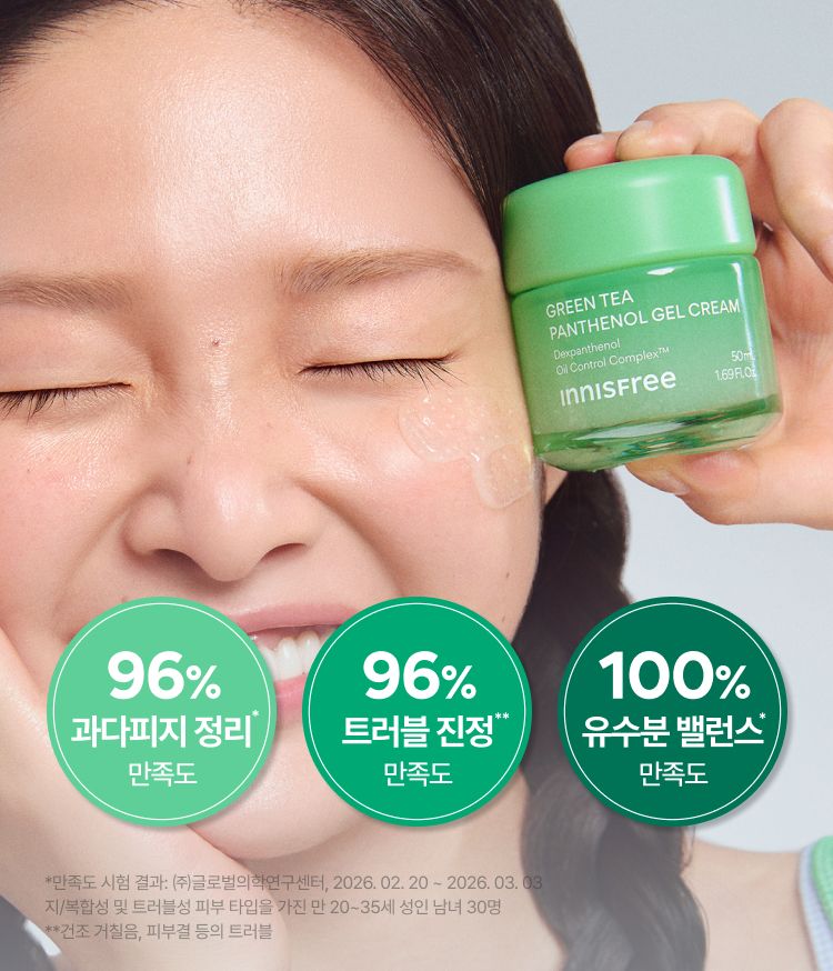 이니스프리 그린티 판테놀 젤 크림은 과다피지 정리 만족도 96%와 유수분 밸런스 만족도 100%를 바탕으로 지복합성 피부의 번들거림과 속건조를 함께 케어합니다. 미세한 비즈 포뮬러가 빠르게 녹아 산뜻한 보습막을 형성해 겉은 보송하고 속은 촉촉한 마무리를 돕습니다. 판테놀·스쿠알란 기반 저자극 젤 크림이 -3.6°C 쿨링과 보송한 사용감을 선사합니다.